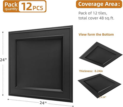 WOWSTAR 12-Pack 24"x24" Drop Ceiling Tiles, Waterproof Glue up Ceiling Panels, Modern Style 3D Wall Panels, Black | PVC ceiling panels, 24"x24", waterproof, glue-up install, basement kitchen bathroom, 12-pack, set D