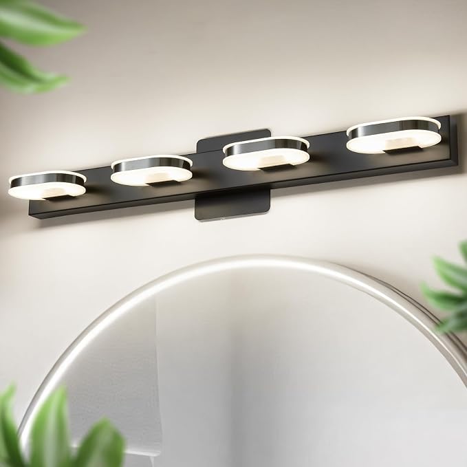 Myhaptim Modern LED 4 Lights Vanity Light for Bathroom Modern Vanity Light Fixture Wall Sconce 26 Inch Natural White Light (Black)