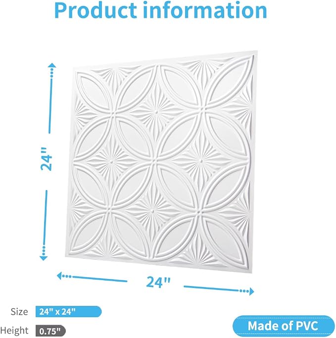 Art3d Decorative PVC Drop Ceiling Tile 2ft x 2ft in White,Glue up Ceiling Panel 24 x 24in.12pcs | Waterproof, Break-Proof, Wipeable Surface, Scratch Resistant, Compatible with Grid System, Ideal for Commercial Spaces