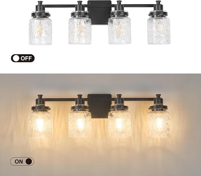 4 Light Bathroom Light Fixtures Farmhouse Black Vanity Lights | ETL Certificate, Easy to Install,Wall Mount Up or Down,Hammered Glass Lampshade,E26 Socket,Hardwired,120V