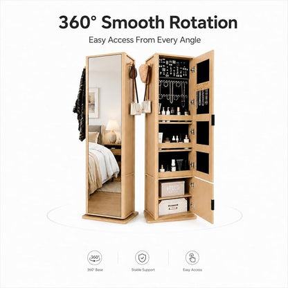 360° Rotating Makeup Jewelry Armoire Cabinet, Mirror Jewelry Cabinet Standing with a Full-Length Mirror, Storage Cabinet a Coat Rack, 4 Layers of Open 2 Layers of Built-In Shelves for Bedroom