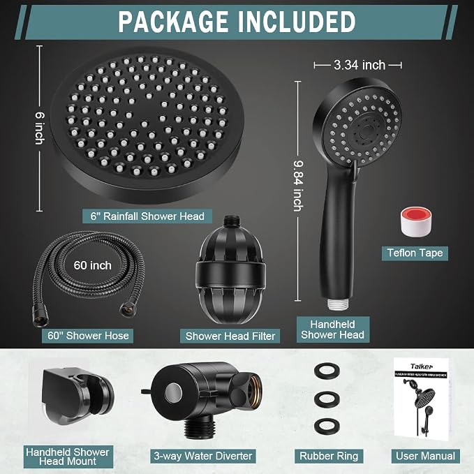 Filtered Shower Head with Handheld, High Pressure Rainfall Shower Head | Filter for Hard Water, Removes Chlorine & Impurities, 60'' Hose, Adjustable Holder, Chrome Finish (Black)