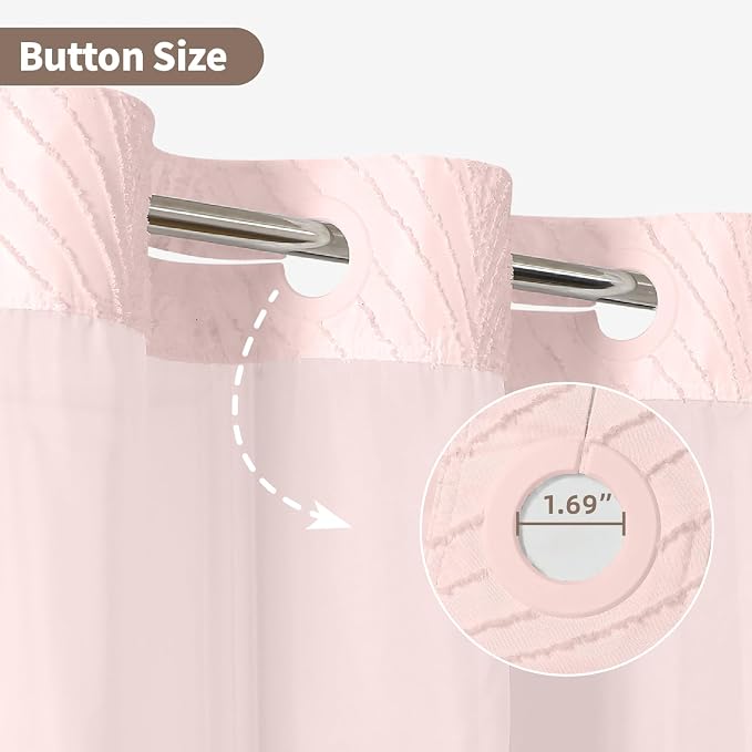 eachope stall no Hook Tufted Shower Curtain with snap in Liner Set, White Waterproof Fabric Inner Liner,Boho Style Shower Curtain with See Through top Window, Pink, 36Wx74H