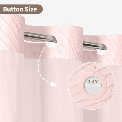 eachope stall no Hook Tufted Shower Curtain with snap in Liner Set, White Waterproof Fabric Inner Liner,Boho Style Shower Curtain with See Through top Window, Pink, 36Wx74H
