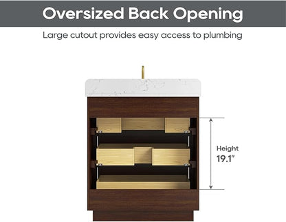 30 Inch Bathroom Vanity with Sink, Solid Wood Frame with Engineered Marble Countertop, Fully-Assembled Vanity with Soft-Close Drawers, Adjustable Feets, Warm Elm