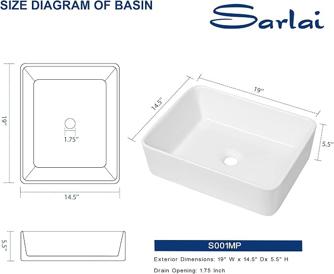 Sarlai Vessel Sink Rectangular - 19"x15" White Bathroom Sink Rectangle Above Counter Porcelain Ceramic Bathroom Vessel Vanity Sink Art Basin