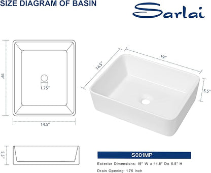 Sarlai Vessel Sink Rectangular - 19"x15" White Bathroom Sink Rectangle Above Counter Porcelain Ceramic Bathroom Vessel Vanity Sink Art Basin