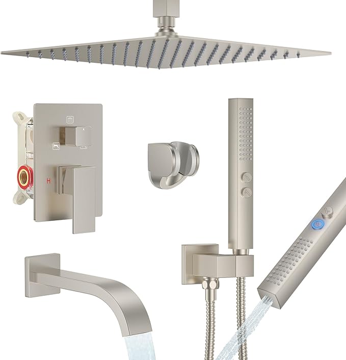 Brushed Nickel Shower System with Tub Spout, Ceiling Mounted Bathtub Shower Faucet Set, 12" Rainfall Shower Head and Handheld Shower Combo, High Pressure Shower Fixtures Set with Rough-in Valve
