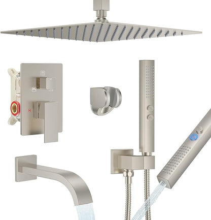 Brushed Nickel Shower System with Tub Spout, Ceiling Mounted Bathtub Shower Faucet Set, 12" Rainfall Shower Head and Handheld Shower Combo, High Pressure Shower Fixtures Set with Rough-in Valve