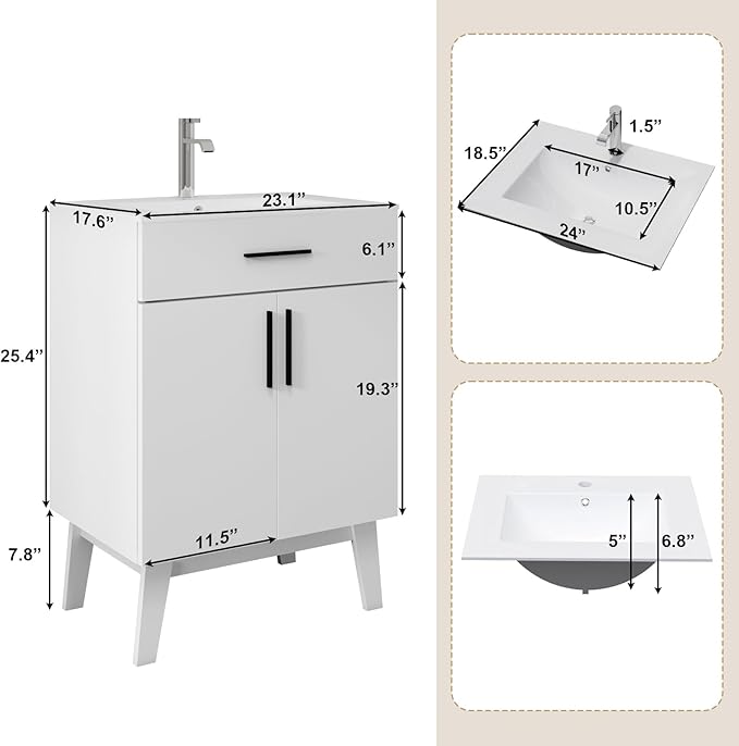 24" Bathroom Vanity with Sink, Vanity Combo with Two Soft Close Cabinet Doors, Modern Single Bathroom Cabinet Set with Metal Handles (White with Sink, 24)