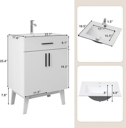 24" Bathroom Vanity with Sink, Vanity Combo with Two Soft Close Cabinet Doors, Modern Single Bathroom Cabinet Set with Metal Handles (White with Sink, 24)