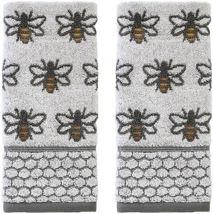 SKL Home Honey Bee Hand Towel Set-2pc, 100% Cotton Jacquard, White/Gray