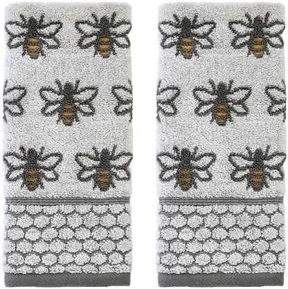 SKL Home Honey Bee Hand Towel Set-2pc, 100% Cotton Jacquard, White/Gray