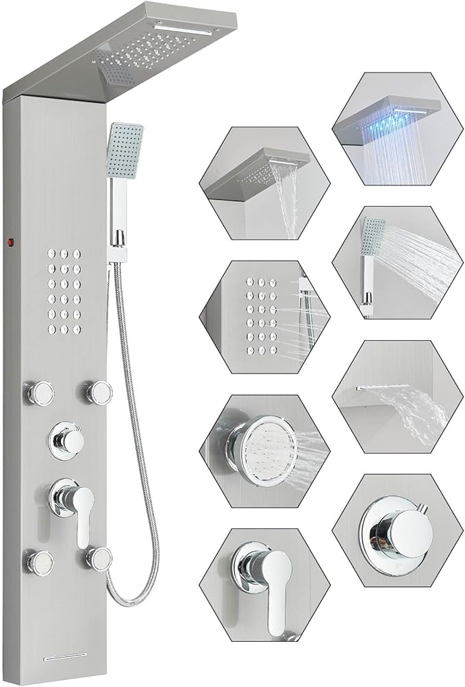 Fuz LED Shower Panel Tower System, 5 Function Stainless Steel Brushed Nickel Shower Tower with Rainfall Shower Head and Handheld, 4 Body Jets and Waterfall Tub Spout, High Pressure Shower Column