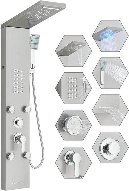 Fuz LED Shower Panel Tower System, 5 Function Stainless Steel Brushed Nickel Shower Tower with Rainfall Shower Head and Handheld, 4 Body Jets and Waterfall Tub Spout, High Pressure Shower Column