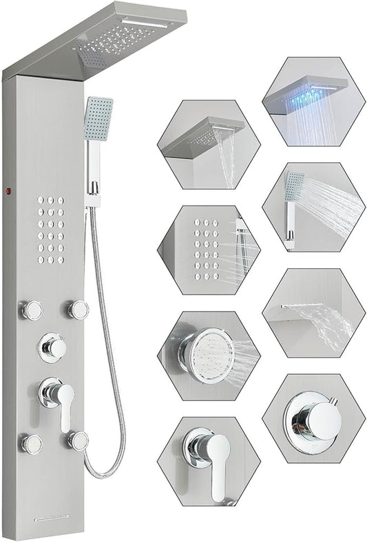 Fuz LED Shower Panel Tower System, 5 Function Stainless Steel Brushed Nickel Shower Tower with Rainfall Shower Head and Handheld, 4 Body Jets and Waterfall Tub Spout, High Pressure Shower Column