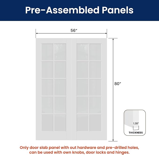 SMARTSTANDARD 56" x 80" Clear Glass French Interior Solid Core Door Slab | 10-Lite Glass Pantry Door for Bathroom Laundry Pocket, Pre-Assembled Panel without Hardware, White Primed