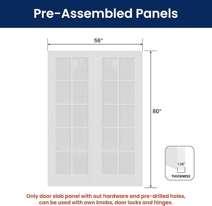 SMARTSTANDARD 56" x 80" Clear Glass French Interior Solid Core Door Slab | 10-Lite Glass Pantry Door for Bathroom Laundry Pocket, Pre-Assembled Panel without Hardware, White Primed