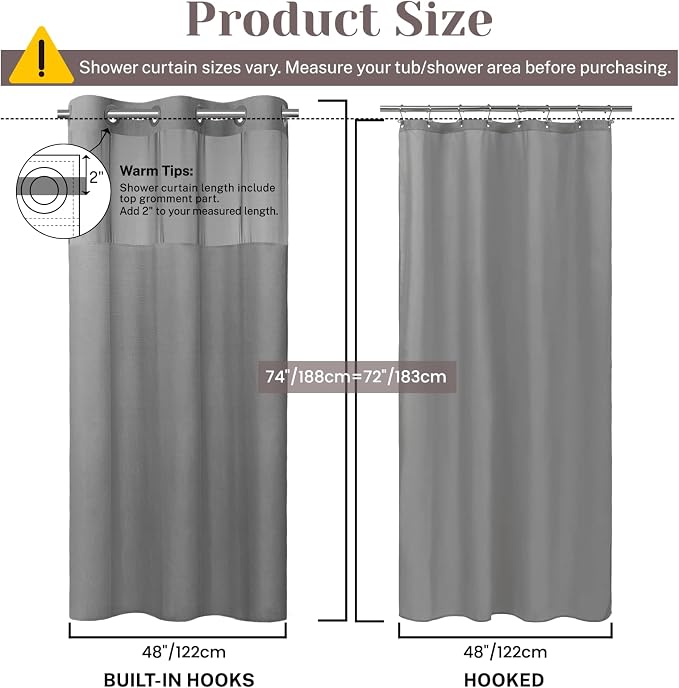 SORTTO No Hook Slub Shower Curtain with Liner, 48x74, Grey | Snap in Liner, 3 in 1, Bamboo Texture, Hotel Style, Waterproof Fabric, Mesh Top Window, Corner Magnets, Machine Washable