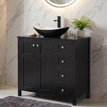 32 Inch Bathroom Vanity with Sink, Traditional Freestanding Black Bathroom Vanity Cabinet with Four Drawers, Pedestal Cabinet with Black and White Ceramic Boat Sink