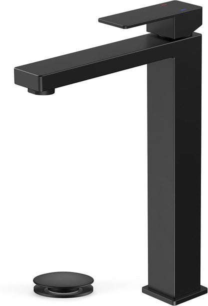 FORIOUS Vessel Sink Faucet Single Hole, Matte Black Tall Bathroom Faucets | For 1 or 3 Hole 4 Inch Centerset Sink, with Pop-up Drain, NSF61 Certificate, Single Handle Faucet for Sink Vanity RV Restroom
