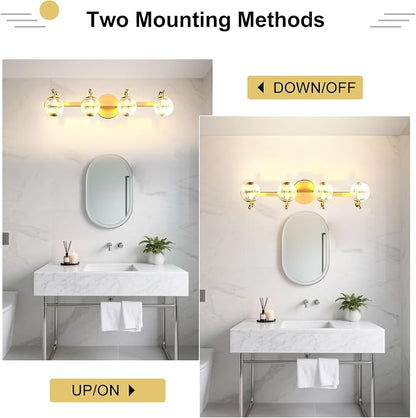 Lightdot Upgrade 4 Light Bathroom Vanity Light, 26" Modern Gold Vanity Lights with Waterproof Crystal Ribbed Lampshade, Rust-Proof Bathroom Light Fixtures Over Mirror for Kitchen Hallway Cabinet