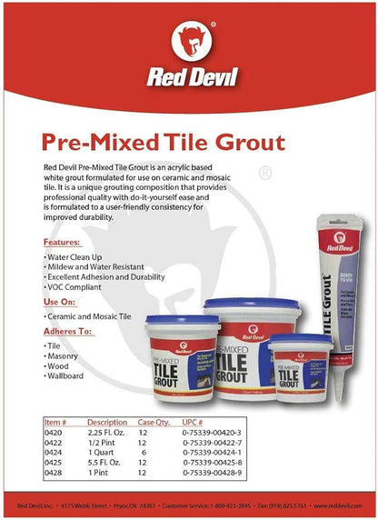 Red Devil 042260 Pre-Mixed Tile Grout - Professional Quality, Excellent Adhesion, Ideal for Wall & Floor Use - 1/2 Pint, Black, Made in USA