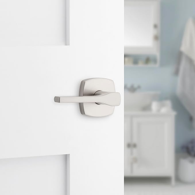 Kwikset Tripoli Lever Interior Privacy Door Handle with Lock, Door Lever For Bathroom and Bedroom, Satin Nickel Reversible Keyless Turn Lock, with Microban Protection