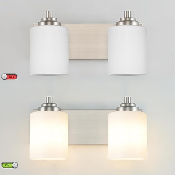 SOLFART Brushed Nickel 2 Light Vanity Lights for Bathroom, Milky Glass Shade Vintage Wall Sconce, Modern Bathroom Light Fixture Over Mirror, Easy to Install High-End Vanity Light (Bulbs Not Included)
