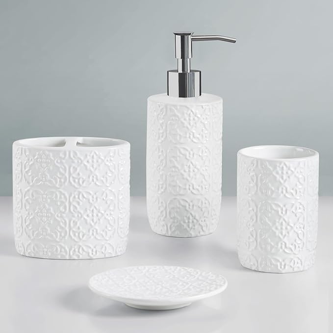 Martha Stewart Tara Bath Accessory Set Medallion, White | Coordinated Look for Bathroom, OEKO-TEX Certified