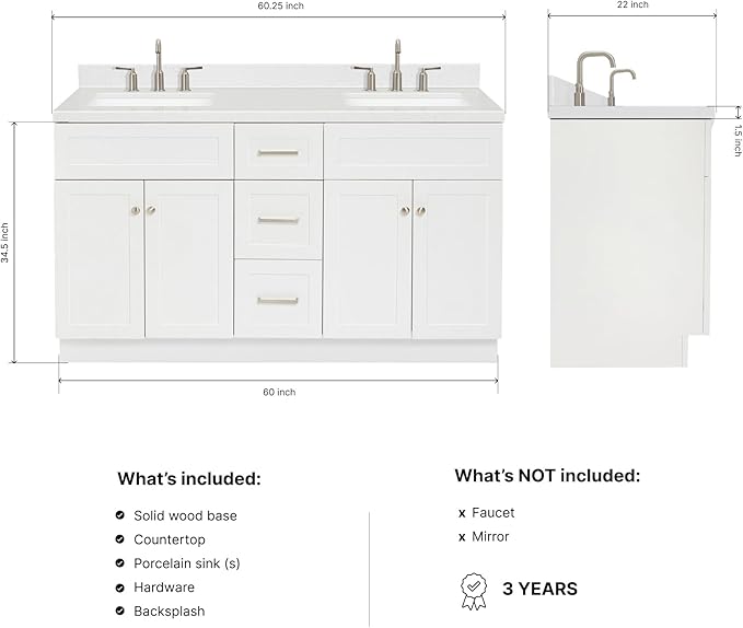 ARIEL Hamlet 60-inch Bathroom Vanity with Sink,Solid Wood, 1.5-inch Carrara White Quartz Countertop & Backsplash, Double Rectangular Porcelain Sink, 4 Soft Closing Doors, 3 Dovetail Drawers, White