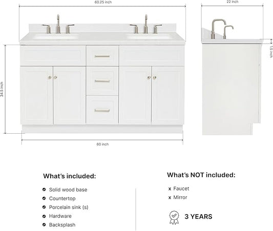 ARIEL Hamlet 60-inch Bathroom Vanity with Sink,Solid Wood, 1.5-inch Carrara White Quartz Countertop & Backsplash, Double Rectangular Porcelain Sink, 4 Soft Closing Doors, 3 Dovetail Drawers, White