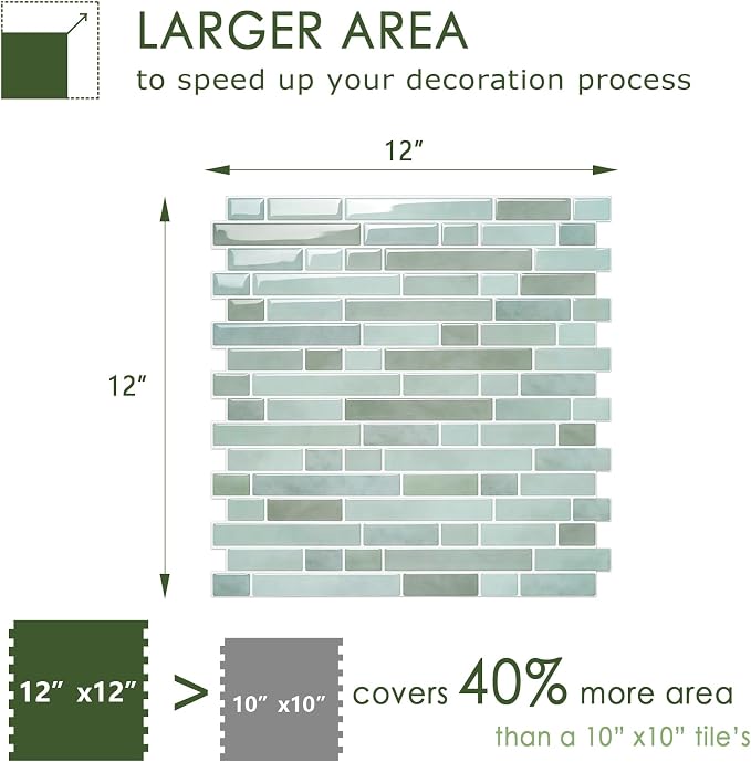 STICKGOO Thicker Peel and Stick Backsplash Tile for Kitchen and Bathroom | 10 Sheets of 12”×12” - 3D Vinyl Self Adhesive Wall Tiles Stick on Backsplash for Kitchen & Bathroom(Solna Green)