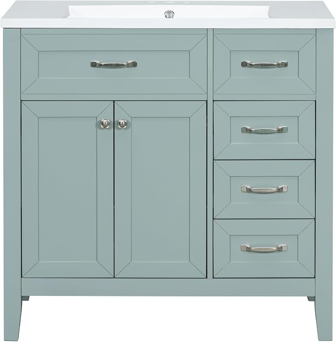 36 Inch Bathroom Vanities with Undermount Ceramic Sink, Storage Cabinet with Soft Closing Doors and Three Drawers, Solid Wood Frame, Green