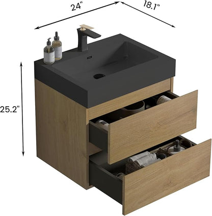 24" Floating Bathroom Vanity with Black Sink, Modern Bathroom Cabinet with Top and Soft Close Drawers, Spacious Storage for Small Space, Natural Oak - Lavanda Collection