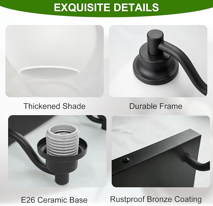 IZORRO Bathroom Light Fixtures, 3-Light Matte Black Vanity Light, Modern Wall Sconces with Globe Milk White Glass Shade, Vanity Lighting Fixtures Over Mirror,E26 Bulb Socket