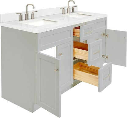 ARIEL Hamlet 60-inch Bathroom Vanity with Sink,Solid Wood, 1.5-inch Carrara White Quartz Countertop & Backsplash, Double Rectangular Porcelain Sink, 4 Soft Closing Doors, 3 Dovetail Drawers, Grey