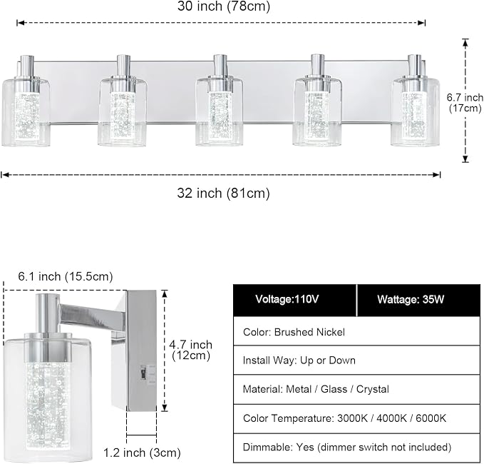 SineRise Vanity Light with 3 Color Modes (3000K/4000K/6000K), Eye Protection LED Bathroom Light Fixture, Dimmable Modern Wall Light Over Mirror with Clear Glass Shade (Chrome, 5-Light)
