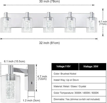 SineRise Vanity Light with 3 Color Modes (3000K/4000K/6000K), Eye Protection LED Bathroom Light Fixture, Dimmable Modern Wall Light Over Mirror with Clear Glass Shade (Chrome, 5-Light)