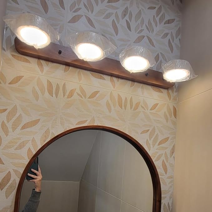 Dark Wood Farmhouse Bathroom Vanity Light Natural Stone Shade | Travertine 4 Lights Linear Bathroom Wall Sconce Rotatable LED Wall Light Over Mirror - Walnut Color
