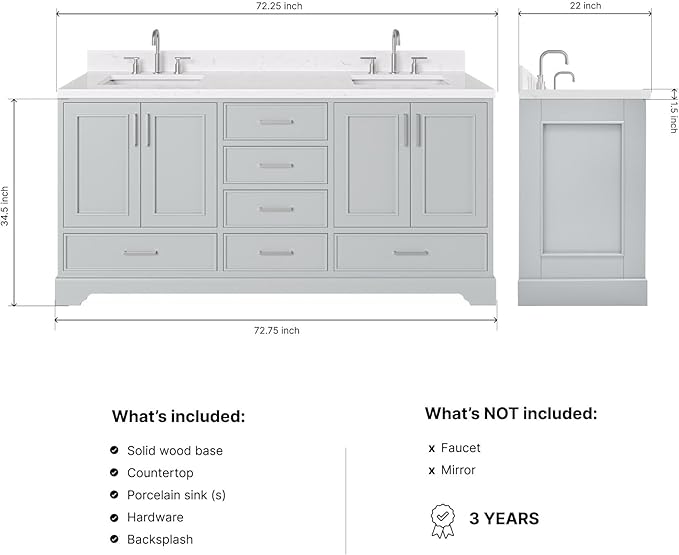 ARIEL Stafford 72-inch Bathroom Vanity with Sink,Solid Wood, 1.5-inch Carrara White Quartz Countertop & Backsplash, Double Rectangular Porcelain Sink, 4 Soft Closing Doors, 6 Dovetail Drawers, Grey