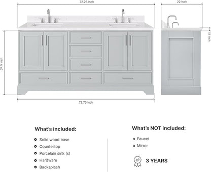 ARIEL Stafford 72-inch Bathroom Vanity with Sink,Solid Wood, 1.5-inch Carrara White Quartz Countertop & Backsplash, Double Rectangular Porcelain Sink, 4 Soft Closing Doors, 6 Dovetail Drawers, Grey