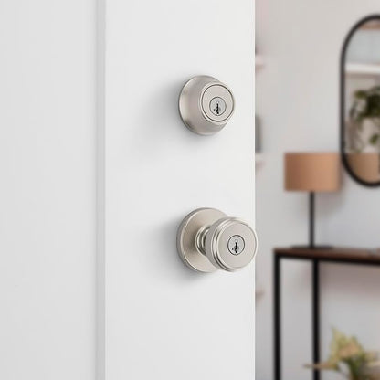 Kwikset Maven Front Door Lock Handle and Deadbolt Set, Entry Handleset Round Exterior with Interior Door Knob, Secure Locking Deadbolt, Satin Nickel, with Microban Protection