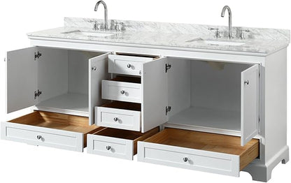 Wyndham Collection Deborah 80 inch Double Bathroom Vanity in White, White Carrara Marble Countertop, Undermount Square Sinks, and No Mirror