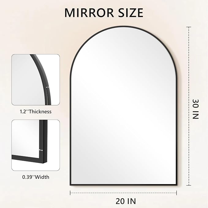 Arched Bathroom Mirror for Wall, 30" x 20" Metal Frame Vanity Mirror, Black | Aluminium Alloy Frame, HD Shatterproof Glass, for Bathroom Over Sink , Entryway, Bedroom, Living Room
