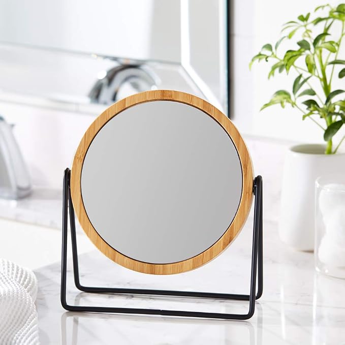 Amazon Basics Vanity Round Tabletop Mirror with Bamboo Rim, Double Sided Magnifying, 360° Rotation, Black, 7.2"L x 2.87"W
