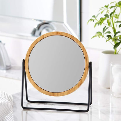 Amazon Basics Vanity Round Tabletop Mirror with Bamboo Rim, Double Sided Magnifying, 360° Rotation, Black, 7.2"L x 2.87"W