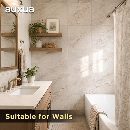 Marble Grain 12x12 Peel and Stick Floor Tile, Creamstone Marble, 20 PCS | NO Grout, NO Mess, For Kitchen, Bathroom Update, Non-Slip & Scratch-Resistant