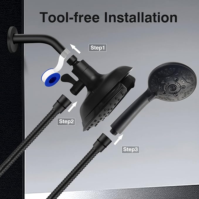 2 in 1 Shower Head with Handheld Combo High Pressure Black 2.5 GPM | 7.2" Rain Showerhead and 10 Spray Hand Held Shower, Adjustable Shower Angle, 59-inch Rotatable Stainless Steel Hose