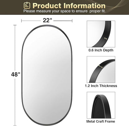 Brightify Black Oval Mirror for Bathroom 22x48 Inch, Metal Framed Bathroom Vanity Mirrors, Full Length Wall Mirror for Entryway Living Room Wall Decorative Hang Vertical and Horizontal